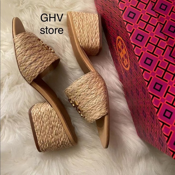 TORY BURCH EVERLY RAFFIA BLOCK SANDAL SLIDE - Picture 5 of 5